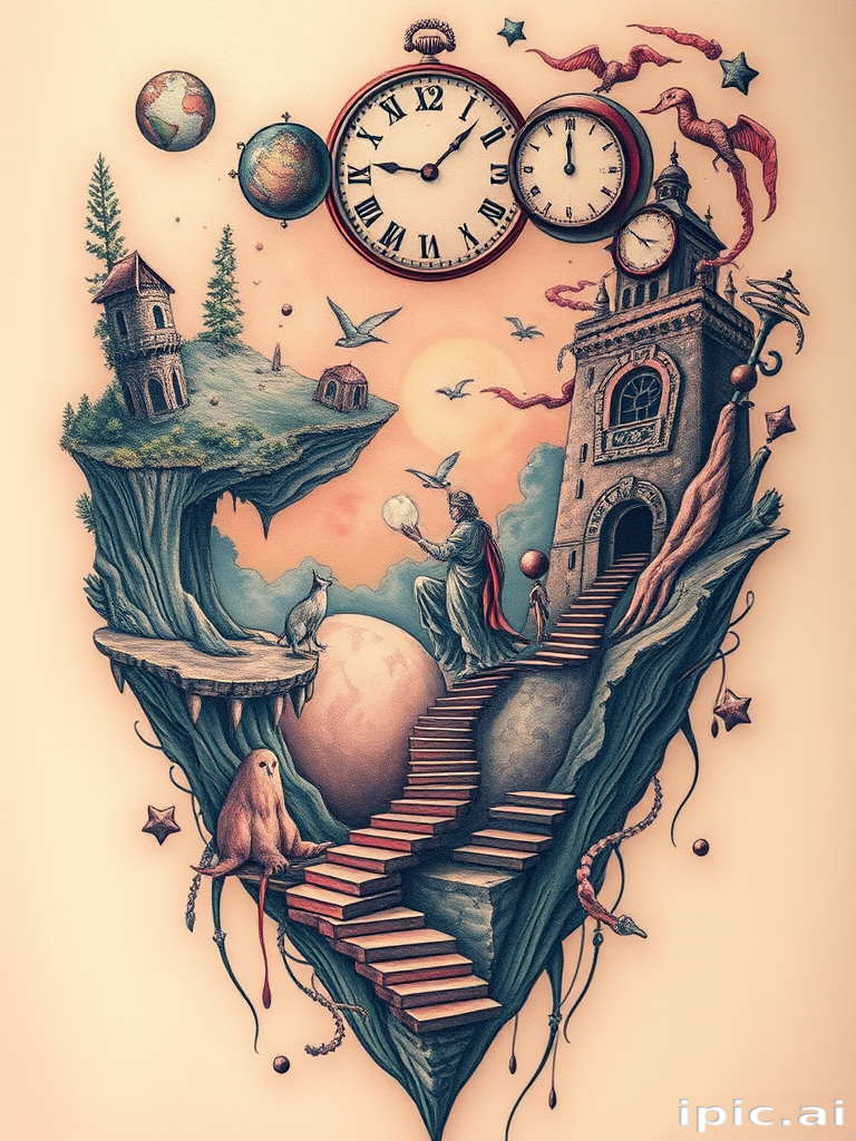 Surrealist tattoo "Dreamscape Odyssey" blending elements of nature and fantasy in a dreamlike composition, with melting clocks, floating islands, and impossible staircases in muted pastel hues