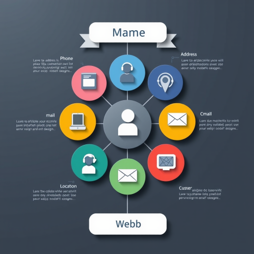 Create a detailed infographic featuring various icons representing user information such as Name, Address, Phone, Mail, Location, and Web, using a clean and modern design, shot with a DSLR camera at f/8 aperture, ISO 100, 50mm lens, top-down view, high contrast to enhance clarity and visual appeal.