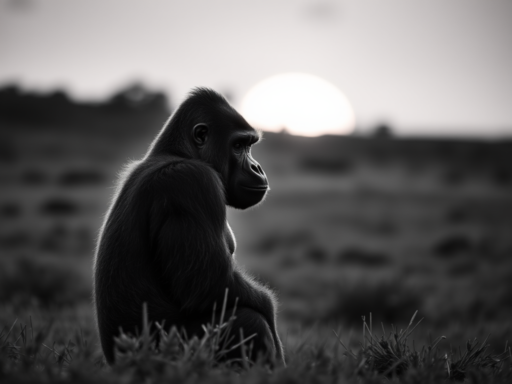 capture a solitary gorilla in profile on a grassy landscape during golden hour using a DSLR camera with a 50mm lens, aperture f/2.8, shutter speed 1/500s, ISO 200, shallow depth of field, high contrast black and white style
