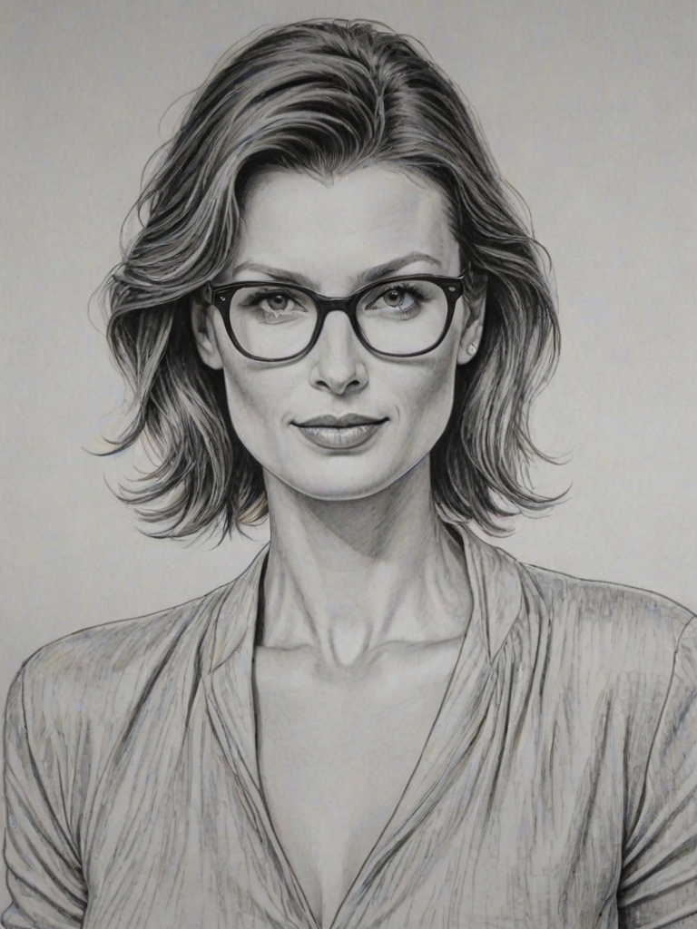 Wonderful Bridget Moynahan, pencil sketch, portrait of Ravishing woman 1979s in glasses, hair style beatnik, outline, clear lines, fine lines, 8k