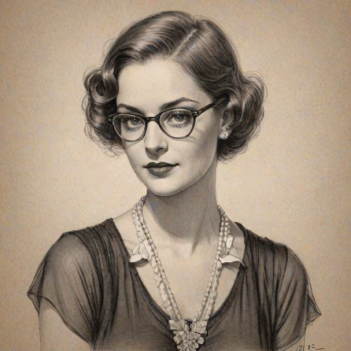 Resplendent Karen Valentine, pencil sketch, portrait of Wonderful woman 1920s in glasses, hair style beatnik, outline, clear lines, fine lines, 8k