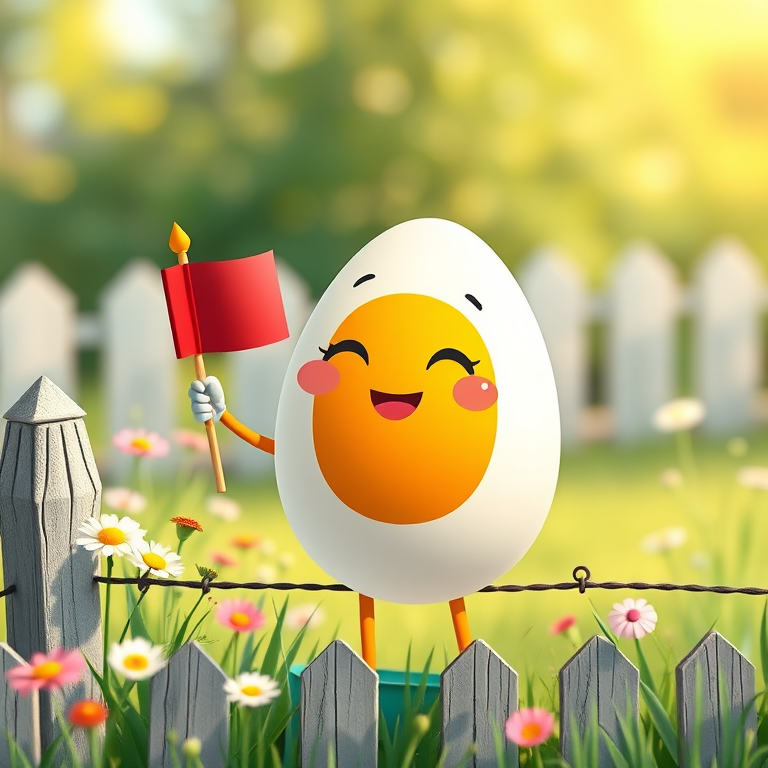 create a whimsical illustration of a cartoon character resembling a cheerful egg holding a flag, standing on a fence with flowers nearby, use a DSLR camera with a 50mm lens, f/2.8 aperture, ISO 100, and high dynamic range settings for enhanced image quality, capture in a bright outdoor scene with soft natural lighting