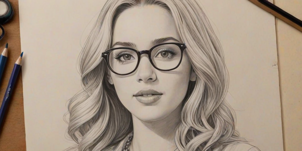 Pleasing Hannah Montana, pencil sketch, portrait of Stunning woman 1941s in glasses, hair style beatnik, outline, clear lines, fine lines, 8k