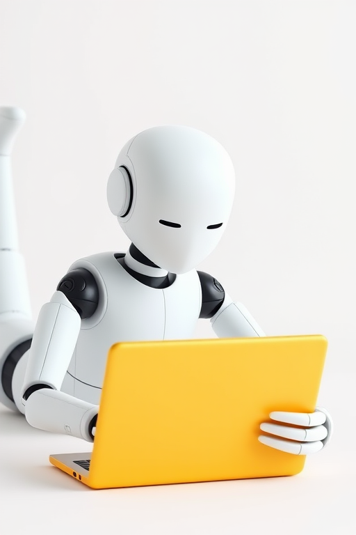 Create an image of a 3D humanoid figure in a relaxed pose, lying on its stomach while using a closed yellow laptop, minimalist white background, captured with a DSLR camera at f/2.8 aperture, ISO 100, 50mm lens, soft natural lighting for enhanced clarity and detail.