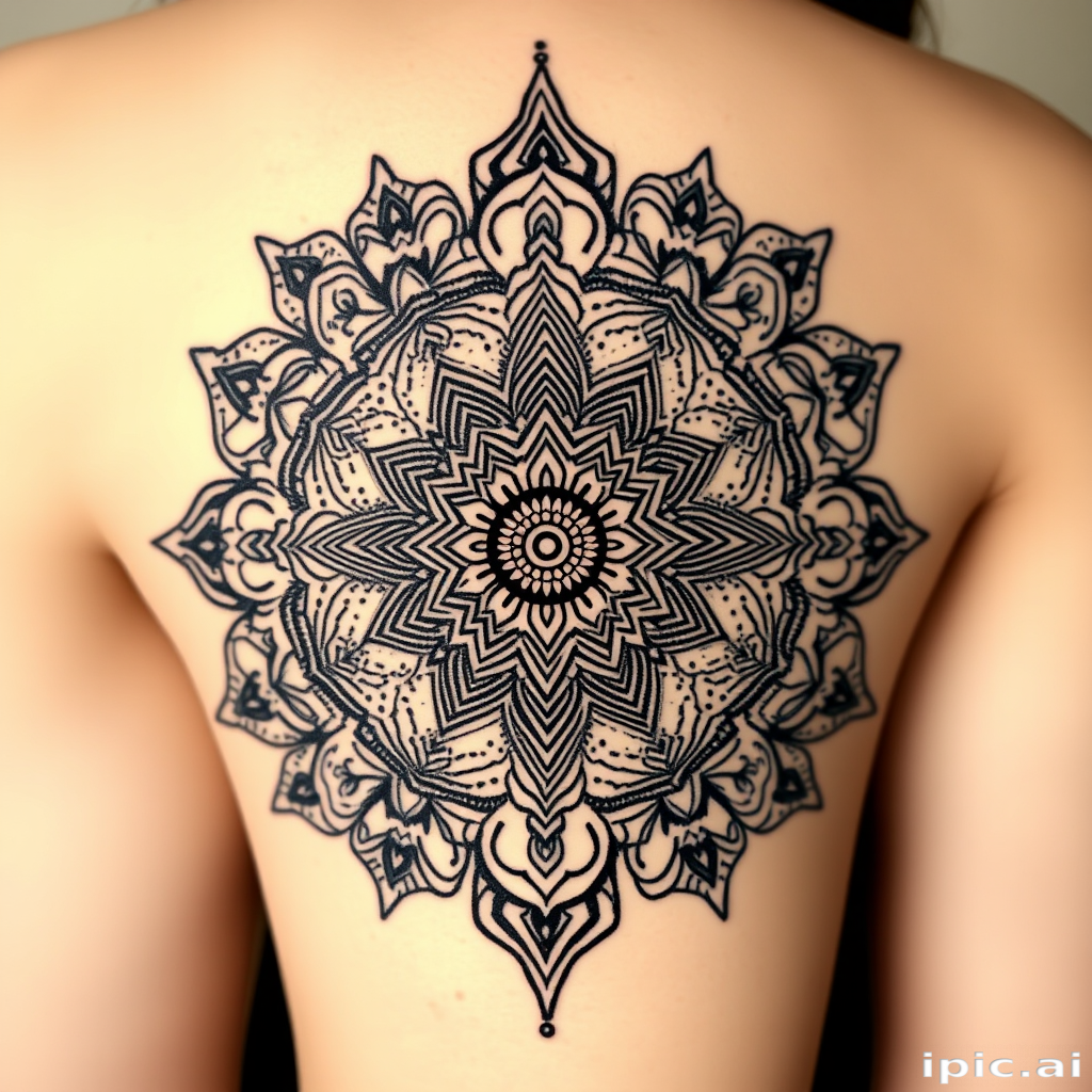 Ornate mandala tattoo incorporating intricate patterns and symmetrical designs inspired by various cultures, meticulous dotwork and linework creating mesmerizing details, spiritual and meditative symbolism