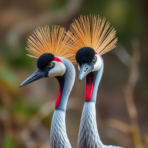 Capture a close-up shot of two crowned cranes with vibrant plumage in a natural setting, using a DSLR camera with a 50mm lens, aperture f/2.8 for a shallow depth of field, ISO 200 for optimal light capture, and a soft focus background to enhance the details of the birds and their environment.