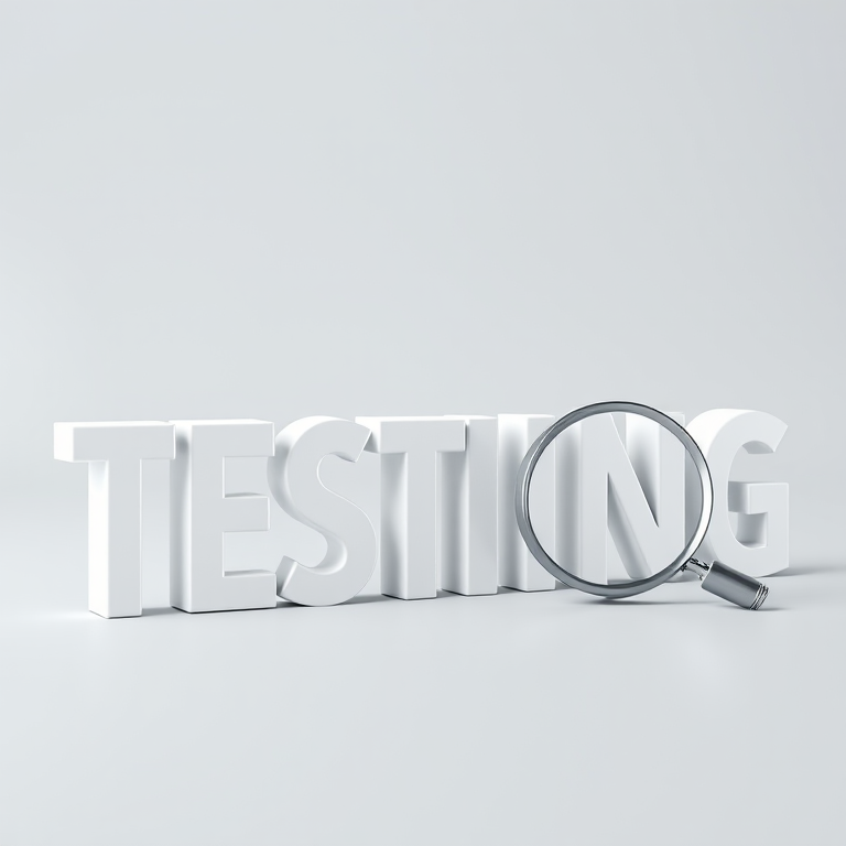 Create a 3D render of the word "TESTING" in bold, white letters with a glossy finish and a magnifying glass positioned beside it, with a soft shadow for depth, using a Canon EOS 5D Mark IV, aperture f/8, ISO 100, 50mm lens, shot from a low angle to emphasize perspective and enhance detail.