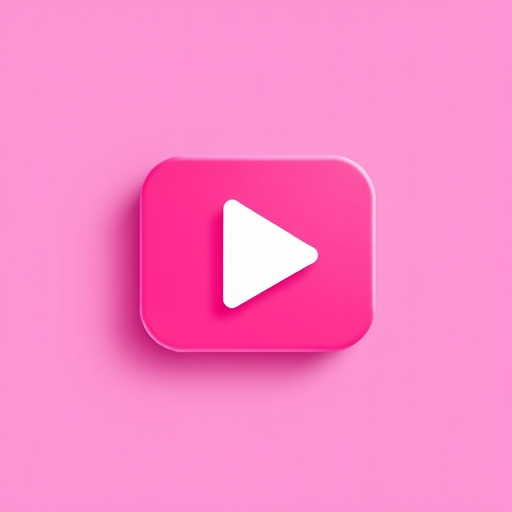 Create a high-resolution image of a pink play button icon with a white triangular play symbol in the center, using a 50mm lens, aperture f/2.8, ISO 100, top-down view, and digital illustration style.