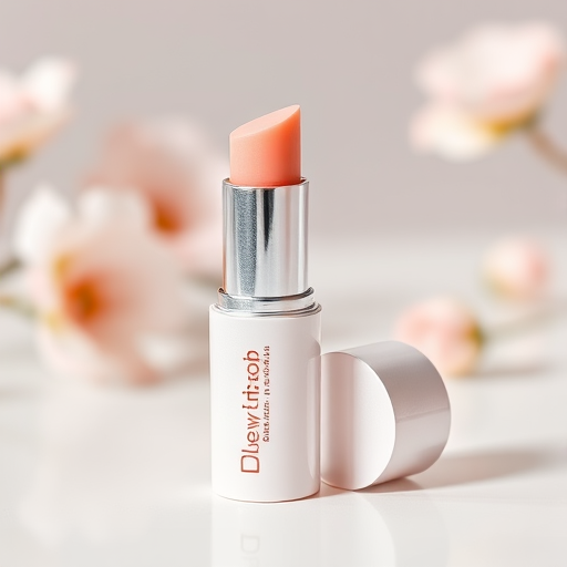 Sheer tinted lip balm called "Dewdrop Kiss" in a soft peach hue, infused with moisturizing oils and subtle shimmer for a natural, fresh-faced glow