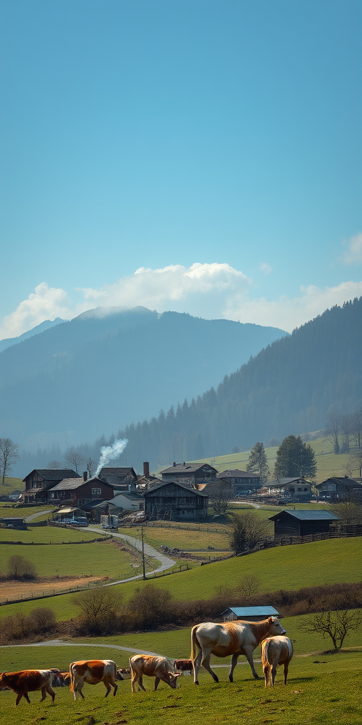 Peaceful village nestled in a valley, with smoke rising from chimneys, and cows grazing lazily in the surrounding fields.