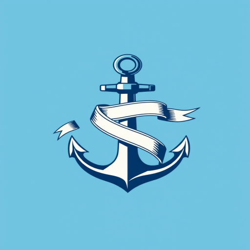 Create a high-resolution vector graphic of a nautical anchor entwined with a ribbon, using a DSLR camera with a 50mm lens, f/2.8 aperture, ISO 100, in natural light, ensuring a sharp focus and vibrant colors.