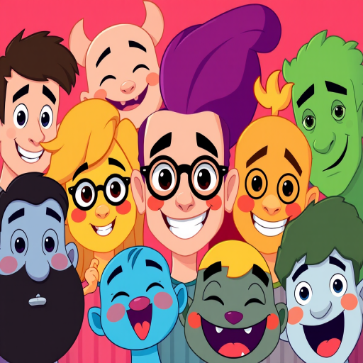 create a vibrant vector-style illustration of diverse cartoon characters with expressive faces, use 50mm lens, f/4 aperture, 1/100s shutter speed, shot in soft studio lighting with high contrast, focus on sharp details and vivid colors