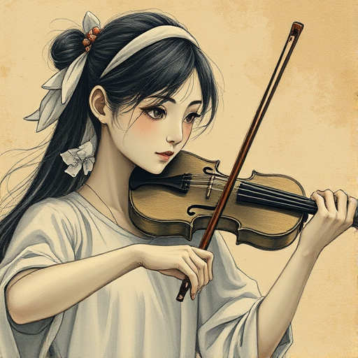 a young Japanese woman with a white headband playing a violin, in the style of a charcoal drawing, sepia grunge background