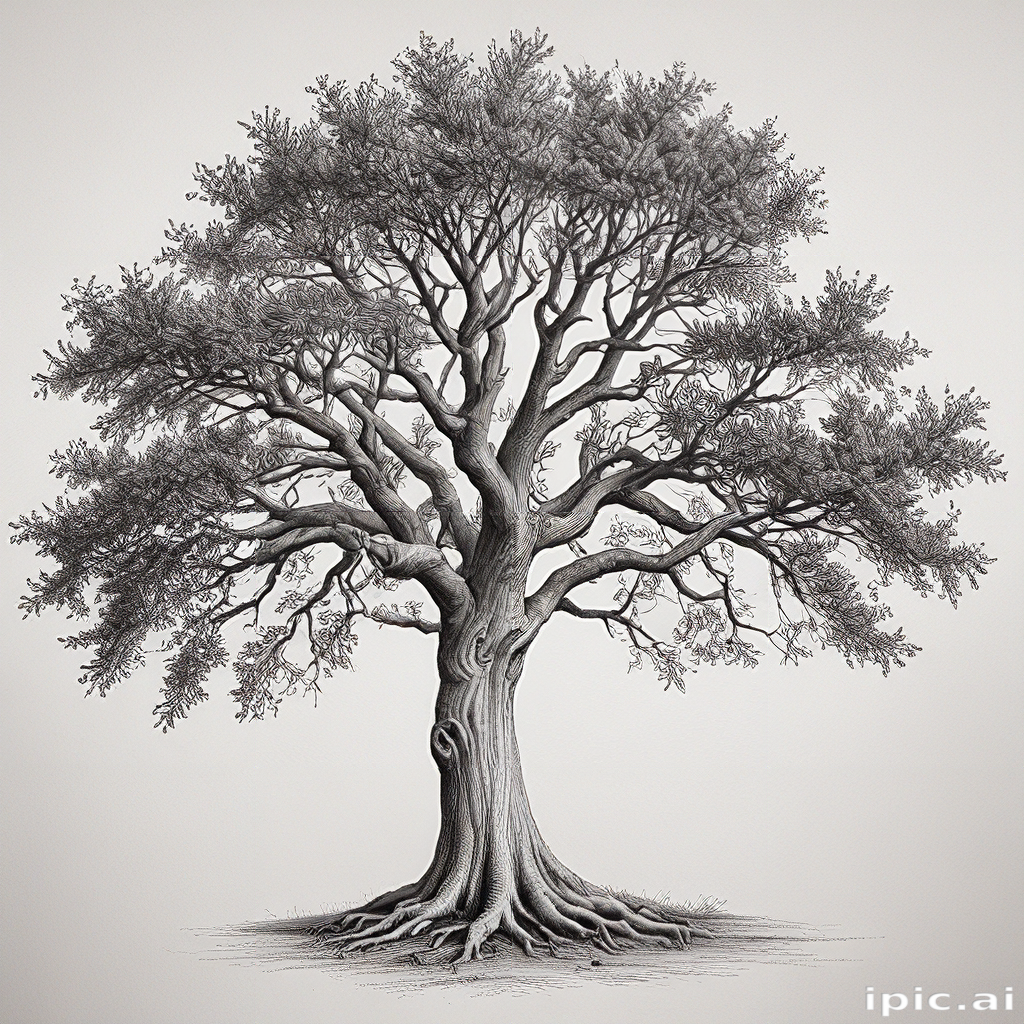 Intricate Illustration of a Majestic Tree with Detailed Branches and Roots