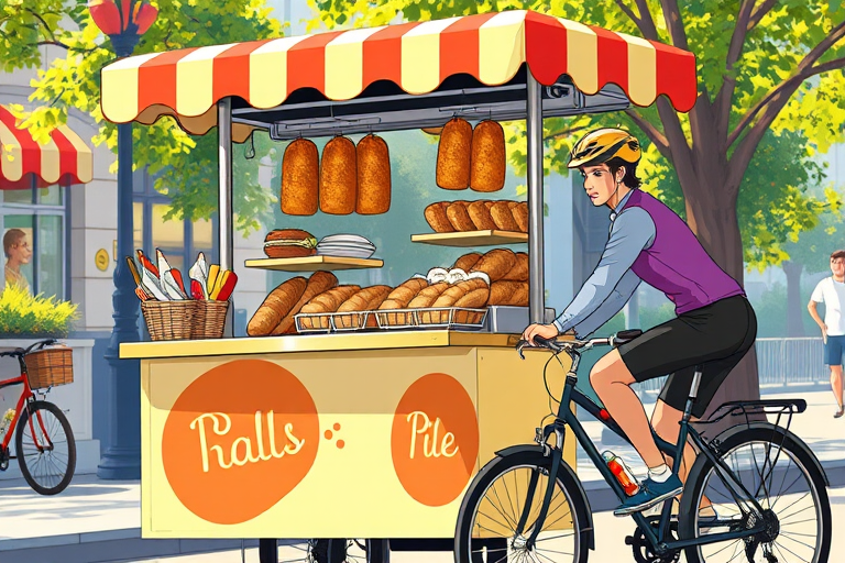 Create a vibrant illustration of a food cart operated by a cyclist, showcasing various snacks and bread items, captured in a bright daylight setting, using a close-up perspective, with high-resolution effects, ISO 100, aperture f/4, and a shutter speed of 1/250 sec.