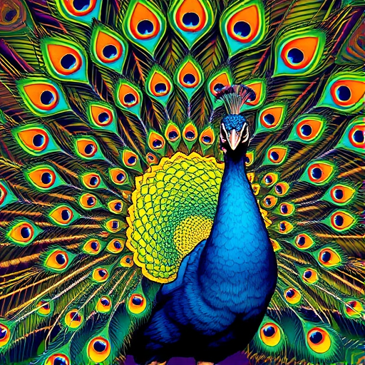 Create a vibrant, stylized illustration of a peacock with its feathers spread wide, showcasing vivid colors and intricate patterns, captured in high resolution with a 50mm lens at f/2.8, using a wide-angle view in a digital format.
