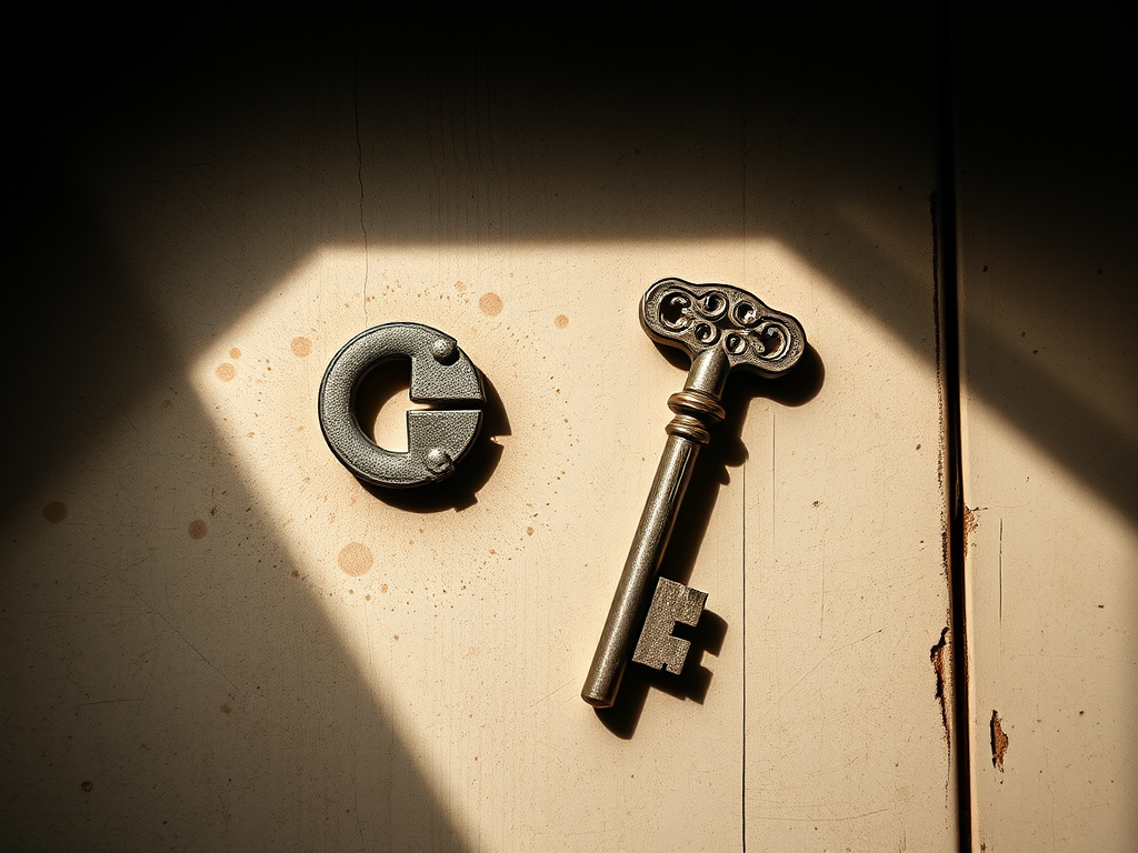 Generate an image of a vintage key, top-down view, high resolution, f/2.8 aperture, ISO 100, 50mm lens, natural lighting.