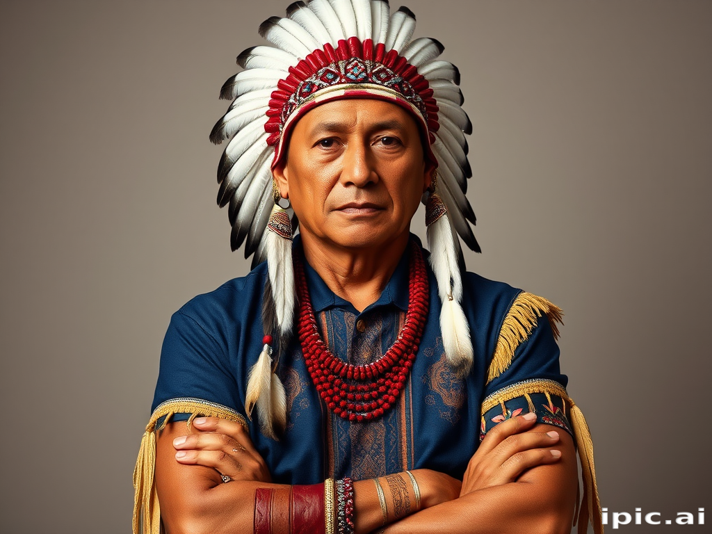 Create a dignified portrait of a Native American man dressed in traditional attire. He wears a beautifully crafted headdress adorned with white feathers and red beads, along with a beaded headband featuring intricate patterns. His clothing includes a deep blue, patterned shirt and a traditional chest piece with detailed beadwork. His arms are crossed, displaying leather armbands decorated with feathers. The background is simple and neutral, emphasizing his proud and stoic expression. The overall image captures the rich cultural heritage and strength of his persona.