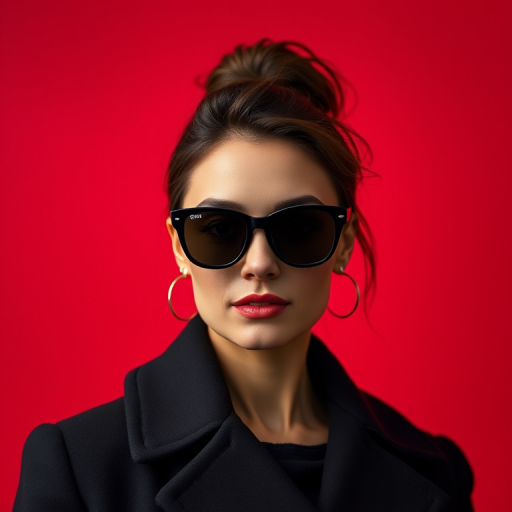Create a high-contrast portrait of a strong, confident woman wearing sunglasses and a black coat, with a vibrant red background, shot with a Canon EOS R5, 50mm lens, f/1.8 aperture, ISO 100, and a shallow depth of field for enhanced focus on the subject.
