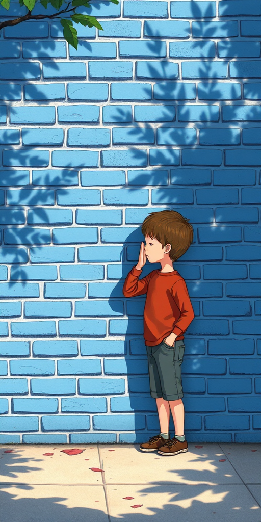 Create an illustration of a young boy whispering against a blue brick wall, with shadows of leaves and branches cast on the wall, using a DSLR camera with a 50mm lens, f/1.8 aperture, ISO 100, soft natural lighting, and a shallow depth of field.