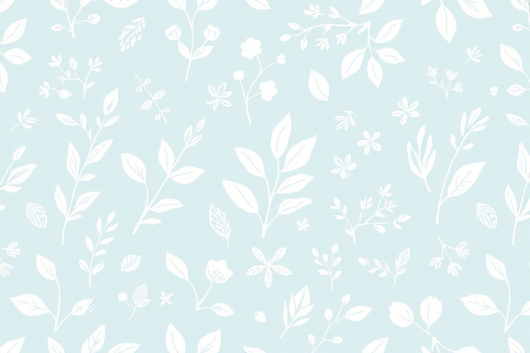 create a seamless pattern with hand-drawn white botanical shapes including leaves and flowers on a soft blue background
