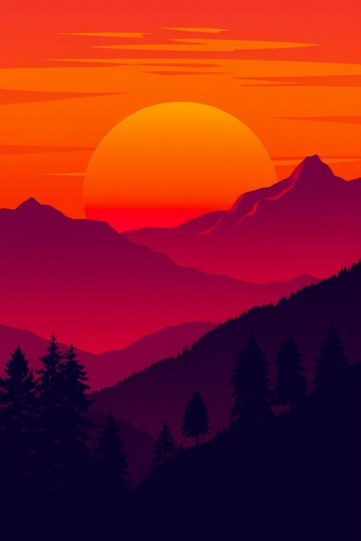 generate a stylized landscape illustration depicting a vibrant sunset over mountains with silhouetted trees, use a digital art style, incorporate warm gradient colors for the sky, focus on sharp lines and bold shapes, set the canvas size to 1920x1080, use a soft brush for blending colors, create depth with shadows, add subtle details to the trees, ensure a smooth gradient transition from orange to deep purple, optimize for a high-resolution output