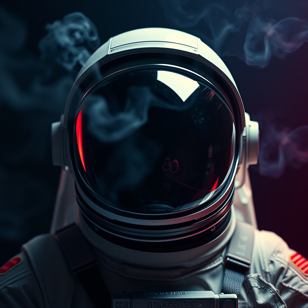 Create a highly detailed image of an astronaut in a dark space background, emphasizing ethereal smoke and light effects, shot with a Canon EOS R5 at f/1.8 with a 50mm lens, using a high dynamic range style for vibrant colors and deep contrast, ensuring dramatic lighting and clear focus on the helmet details.