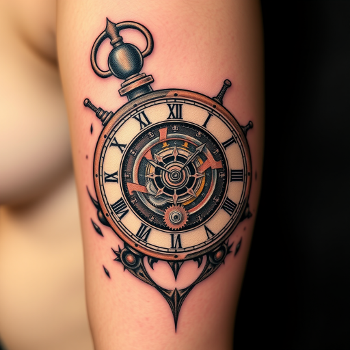 Realistic 3D tattoo titled "Steampunk Chronos" depicting a meticulously detailed mechanical clock with exposed gears cogs and springs seemingly embedded within the skin giving an illusionary depth