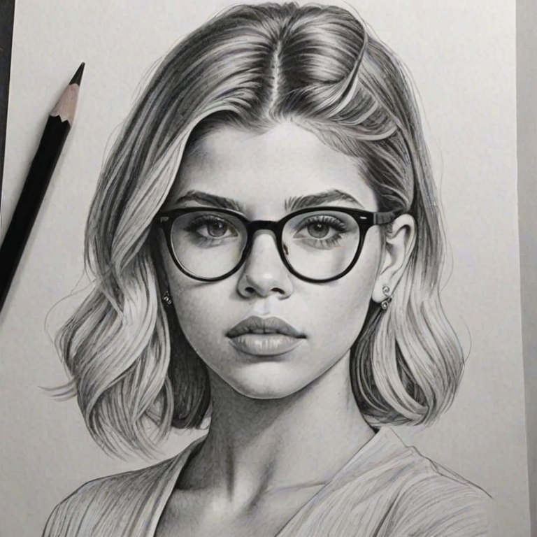 Gorgeous Sofia Richie, pencil sketch, portrait of Delightful woman 1949s in glasses, hair style beatnik, outline, clear lines, fine lines, 8k