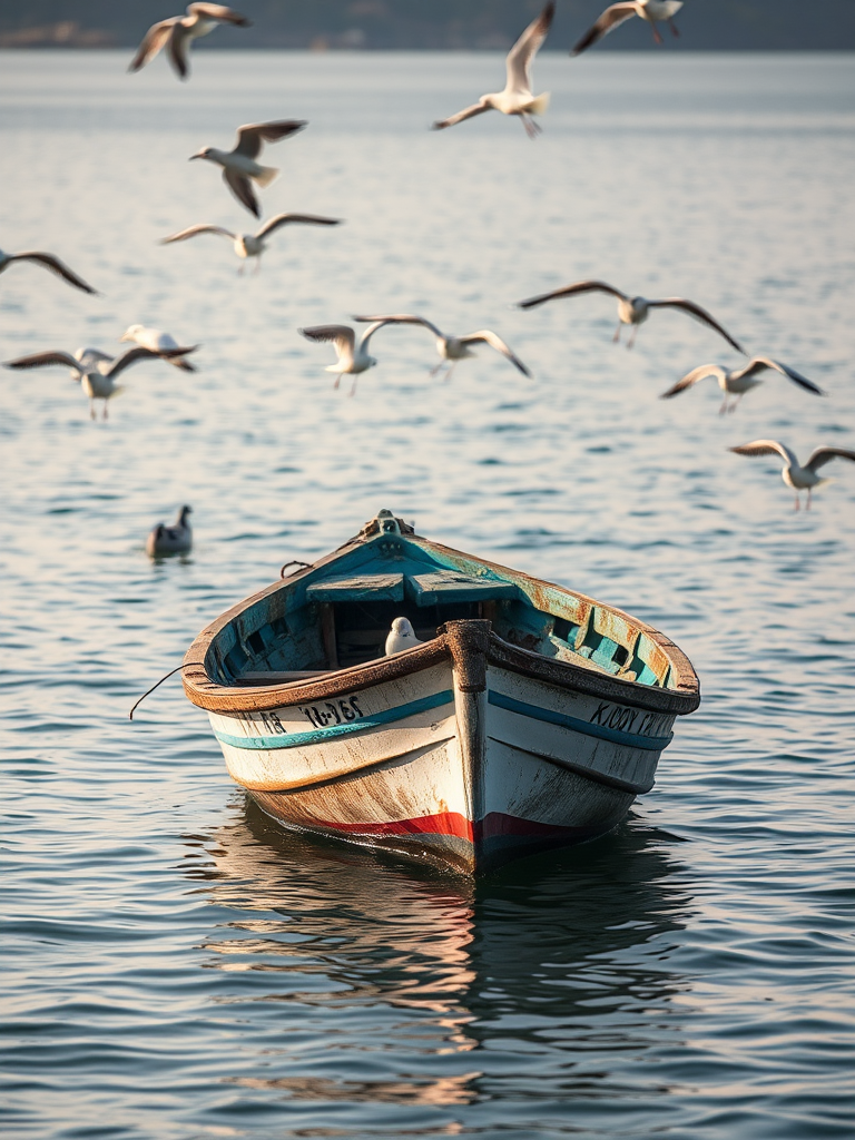 Regenerate an image of a weathered boat in calm water, surrounded by seagulls, using a Canon EOS R with a 50mm lens, settings: f/2.8, ISO 100, shutter speed 1/250 sec, soft natural lighting, focus on the boat and birds, shallow depth of field for enhanced background blur.