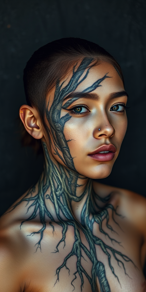 Create a hyper-realistic portrait of a person with intricate body paint resembling tree bark and roots, set against a dark, textured background that mimics natural elements, captured with a Canon EOS R5, 50mm lens, f/1.8 aperture, ISO 200, under diffused natural lighting.