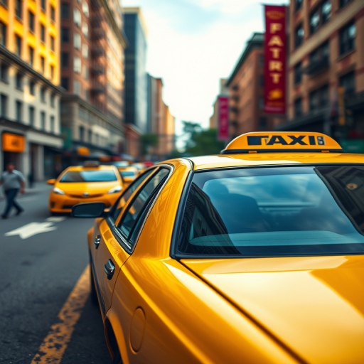 Generate an image of a classic yellow taxi cab in an urban setting with vibrant splashes of color around it, shot with a Canon EOS R5 at f/1.8, ISO 100, 1/500 sec, in a wide-angle view with a shallow depth of field for a painterly effect.