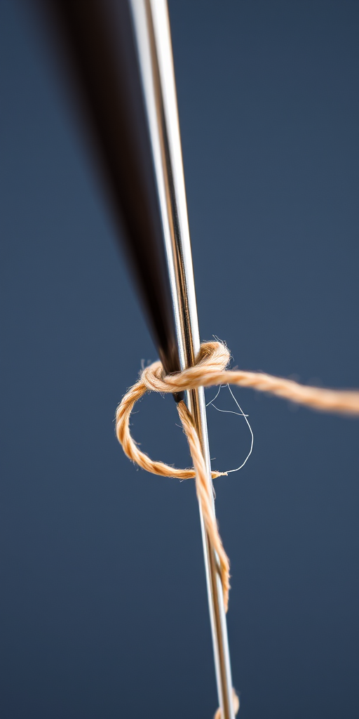 Generate a high-resolution image of a sewing needle with a thread looped through its eye, in bright lighting, macro view, f/2.8, 1/250 sec, ISO 100, DSLR camera.