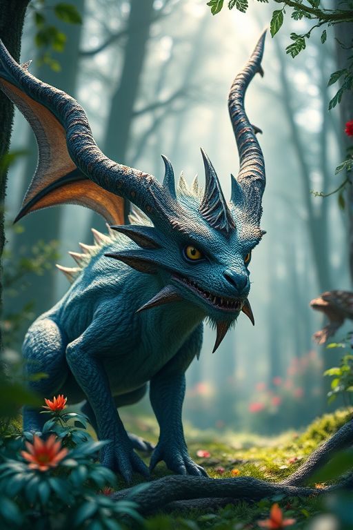 Create a highly detailed illustration of a mythical creature in a fantasy forest, using a DSLR camera with a 50mm f/1.8 lens, ISO 100, aperture f/2.8, and a shallow depth of field, captured in natural light to enhance colors and textures.