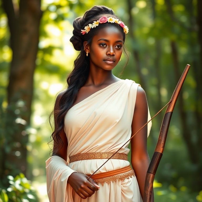 Create a portrait of a goddess-like Fulani girl figure in a tranquil, forested environment. She has an elegant appearance with long, wavy hair styled in an updo and adorned with a delicate, floral headband. She wears a flowing, ancient Greek-inspired gown in a soft, pale color, featuring a one-shoulder design and draped fabric that accentuates her graceful form. The outfit includes a decorative belt with ornate gold detailing, and she holds a bow in her hand, with a quiver of arrows slung over her shoulder. The background depicts lush greenery, with sunlight filtering through the trees, casting a gentle, ethereal light on the scene. Her expression is calm and contemplative, embodying a sense of wisdom and serenity.