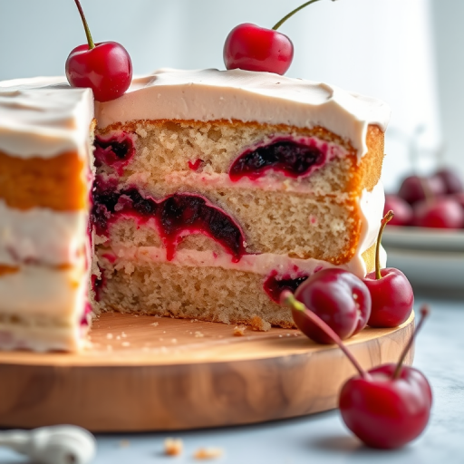 A close-up image of a sliced cake revealing layers of fluffy sponge cake with a rich cherry filling and smooth frosting on top garnished with fresh cherries placed on the side and a wooden cake stand in a softly lit background.