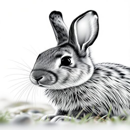 Create a highly detailed line drawing of a rabbit, captured in soft natural light, using a Canon EOS 5D Mark IV, 50mm lens, aperture f/2.8, ISO 100, 1/200s shutter speed, taken from a side view to highlight texture and depth.