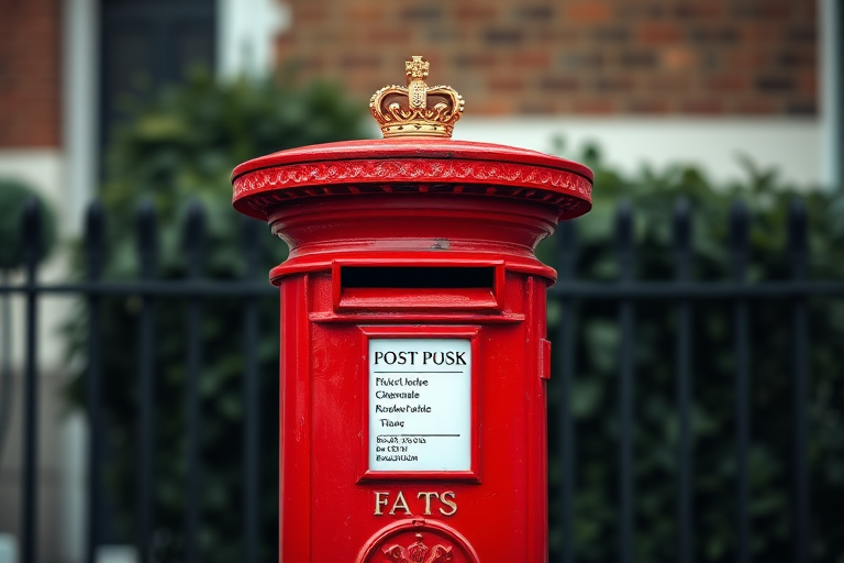 Create a high-resolution image of a classic British red post box with a crown emblem, captured from a slightly lower angle to emphasize its height, using a DSLR camera with a 50mm lens, aperture set to f/1.8 for a shallow depth of field, and a soft focus background to enhance the clarity of the post box.
