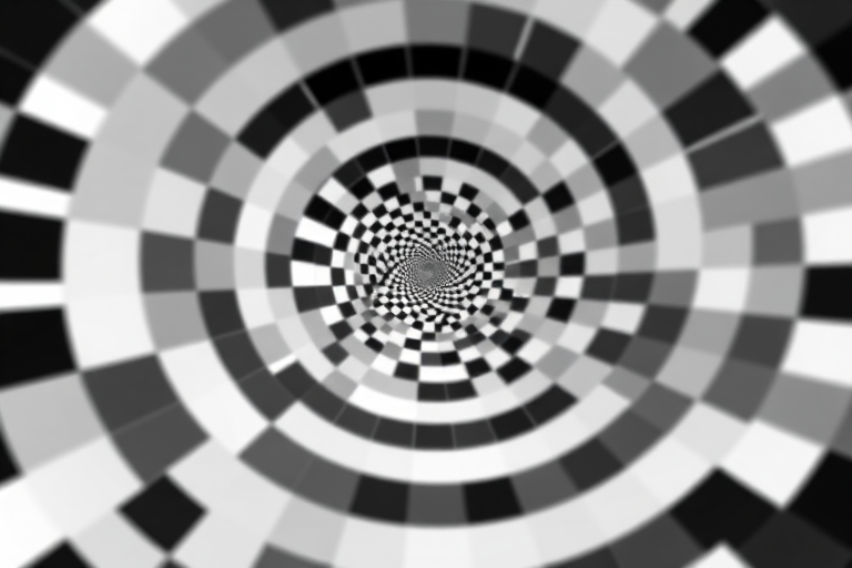 create a high-resolution spiral pattern of black and white checkered squares with depth and perspective, using a wide-angle lens at f/8 aperture, ISO 100, and a shutter speed of 1/125 sec, captured with a DSLR camera from a front view angle to enhance image quality.