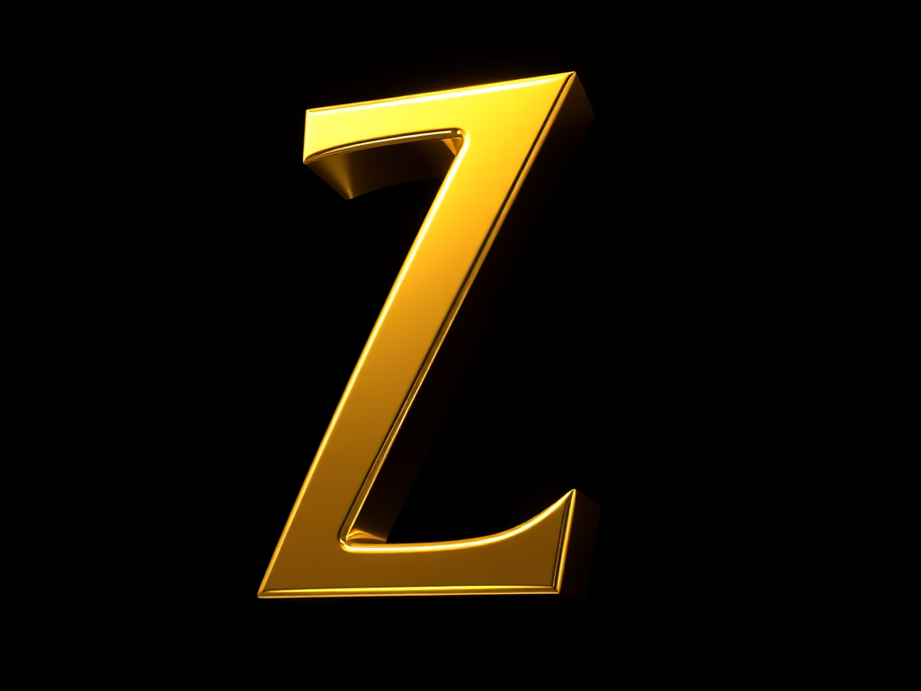 Generate a 3D rendering of a golden letter Z with a high polish finish, using a Canon EOS 5D Mark IV camera at f/2.8 aperture, 50mm lens, and ISO 100, with a soft spotlight to enhance the reflections and create a dramatic effect, centered on a black background.