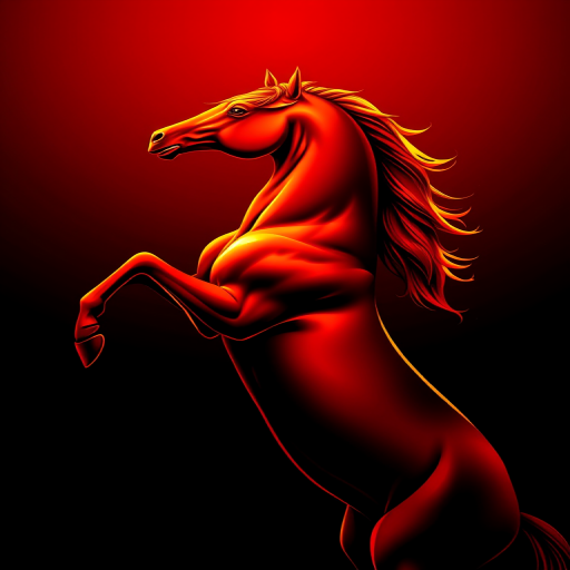Create a vibrant illustration of a rearing horse with a deep red color and golden outline, using a DSLR camera with a 50mm lens, aperture set to f/1.8, ISO 100, in a studio lighting setup for enhanced quality and sharpness.