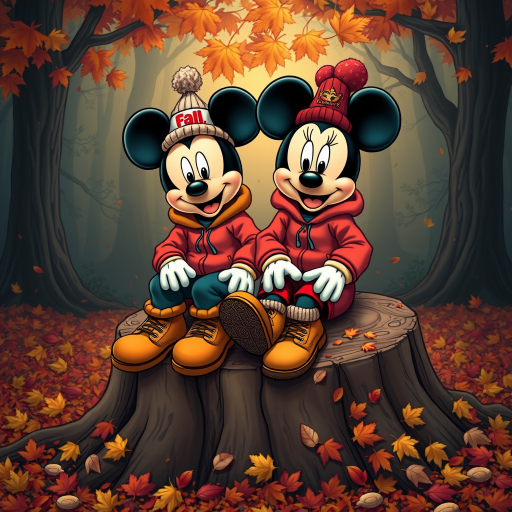 create a cartoon style of Mickey and Minnie wear Fall theme colored sweat suits with timberland boots and Bernie hats sitting together on a big tree stump surrounded by large color pile of raked leaves