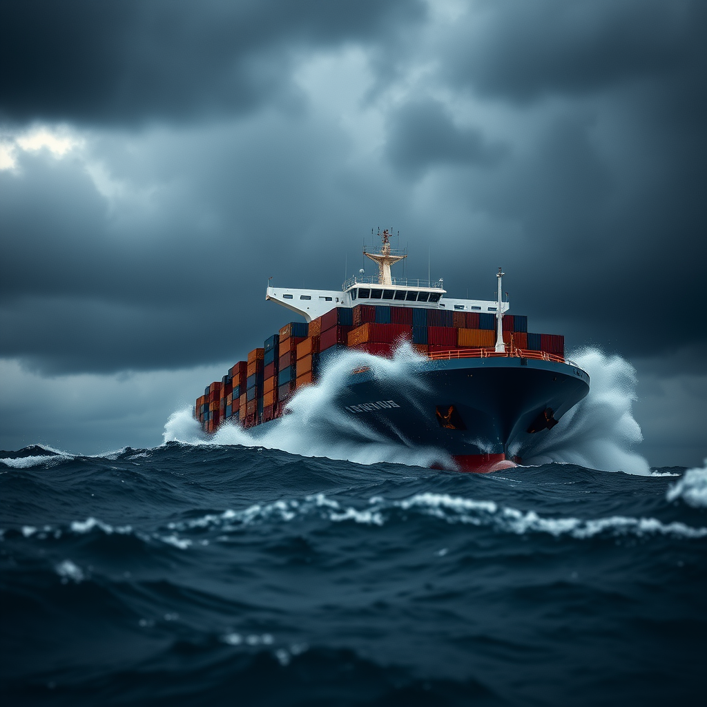 Create a dramatic image of a large cargo ship battling fierce ocean waves under a dark stormy sky, captured with a Canon EOS 5D Mark IV at an aperture of f/8, ISO 100, and a shutter speed of 1/200s from a low-angle perspective to emphasize the ship's power and the turbulence of the sea.