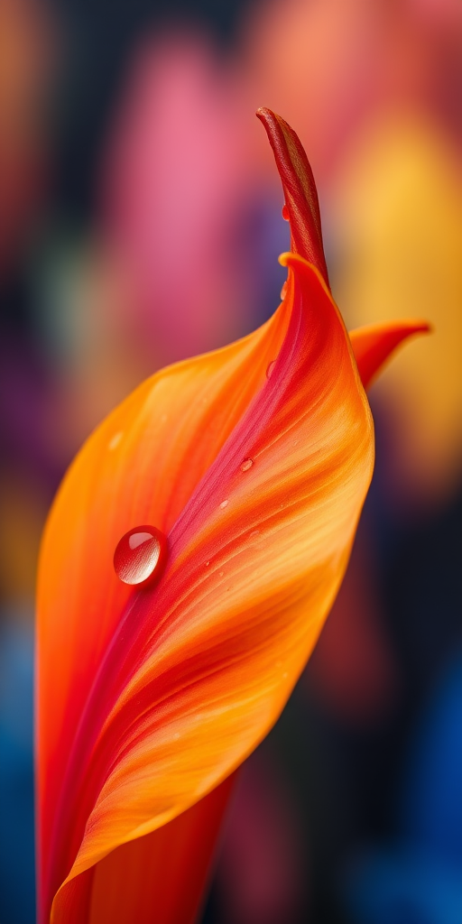 a close-up of a vibrant orange and red flower petal with water droplets against a blurred colorful background