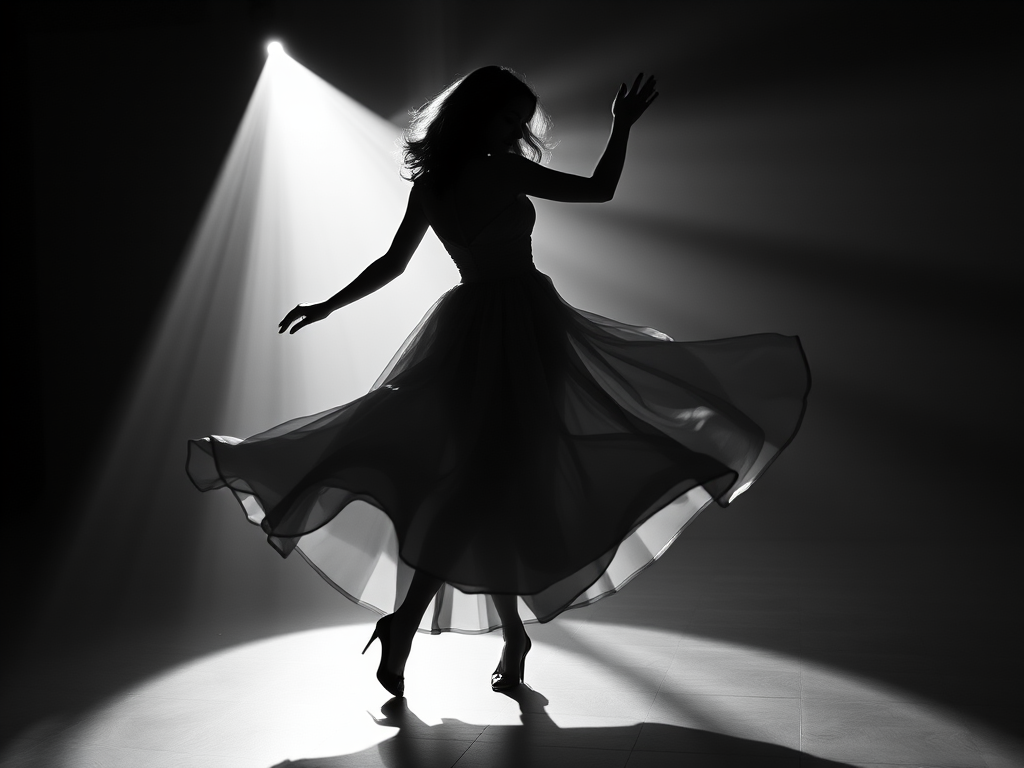 Create a black and white silhouette of a woman in a flowing dress dancing in soft, dramatic light with rays filtering through, using a full-frame DSLR camera with a 50mm f/1.8 lens, aperture set to f/2.8, shutter speed at 1/125s, ISO 100, in a low-angle view to emphasize the movement and elegance of the dress.