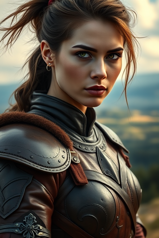 portrait of a strong woman wearing a detailed leather armor with a beautiful landscape background, aperture f/1.8, shutter speed 1/250s, ISO 100, 85mm lens, soft natural lighting, shallow depth of field, high dynamic range, digital painting style