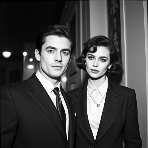 Black-and-white photograph, couple, tailored suits, retro hairstyles, film noir style, Tilt the camera for a dynamic Dutch angle using a versatile 24-70mm lens
