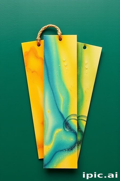 create a photo of Three bookmarks with a realistic picture of a "yellow, blue and green",