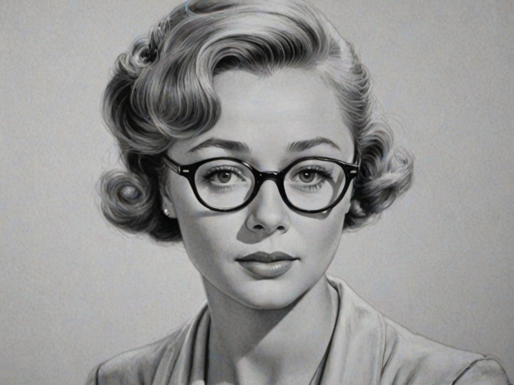 Gorgeous Glynis Johns, pencil sketch, portrait of Pleasing woman 1953s in glasses, hair style beatnik, outline, clear lines, fine lines, 8k