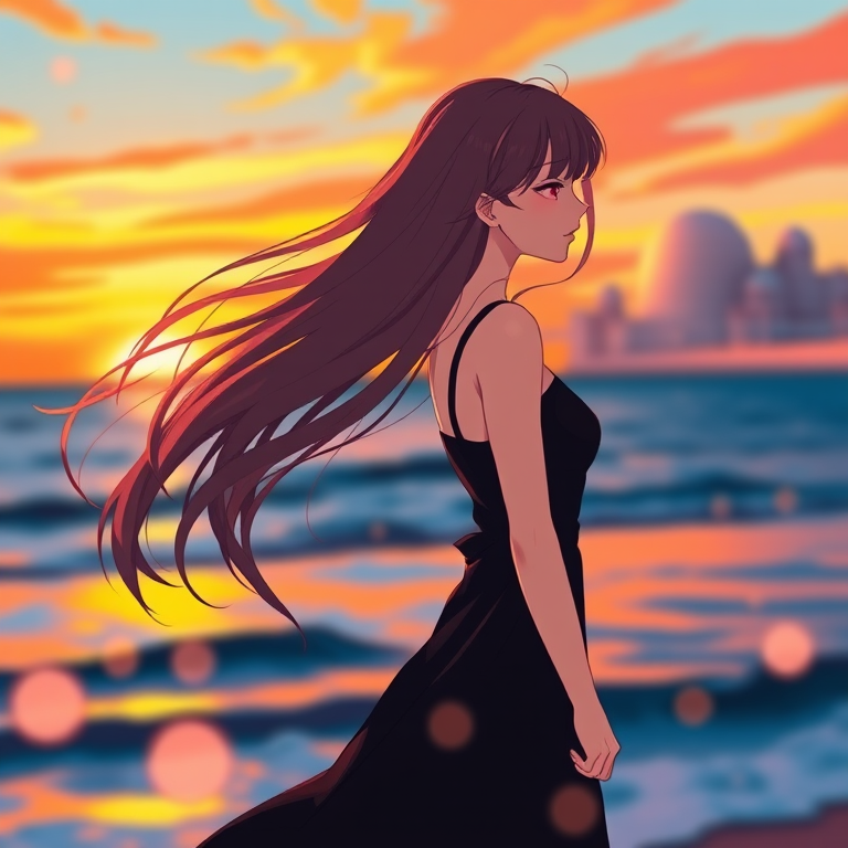 Create an illustration of a girl with long, flowing hair standing by the ocean at sunset, wearing a stylish black dress, vibrant orange and blue tones in the sky, soft bokeh effect in the foreground, shot with a DSLR camera at f/2.8, ISO 100, 50mm lens, capturing a warm and dreamy atmosphere.